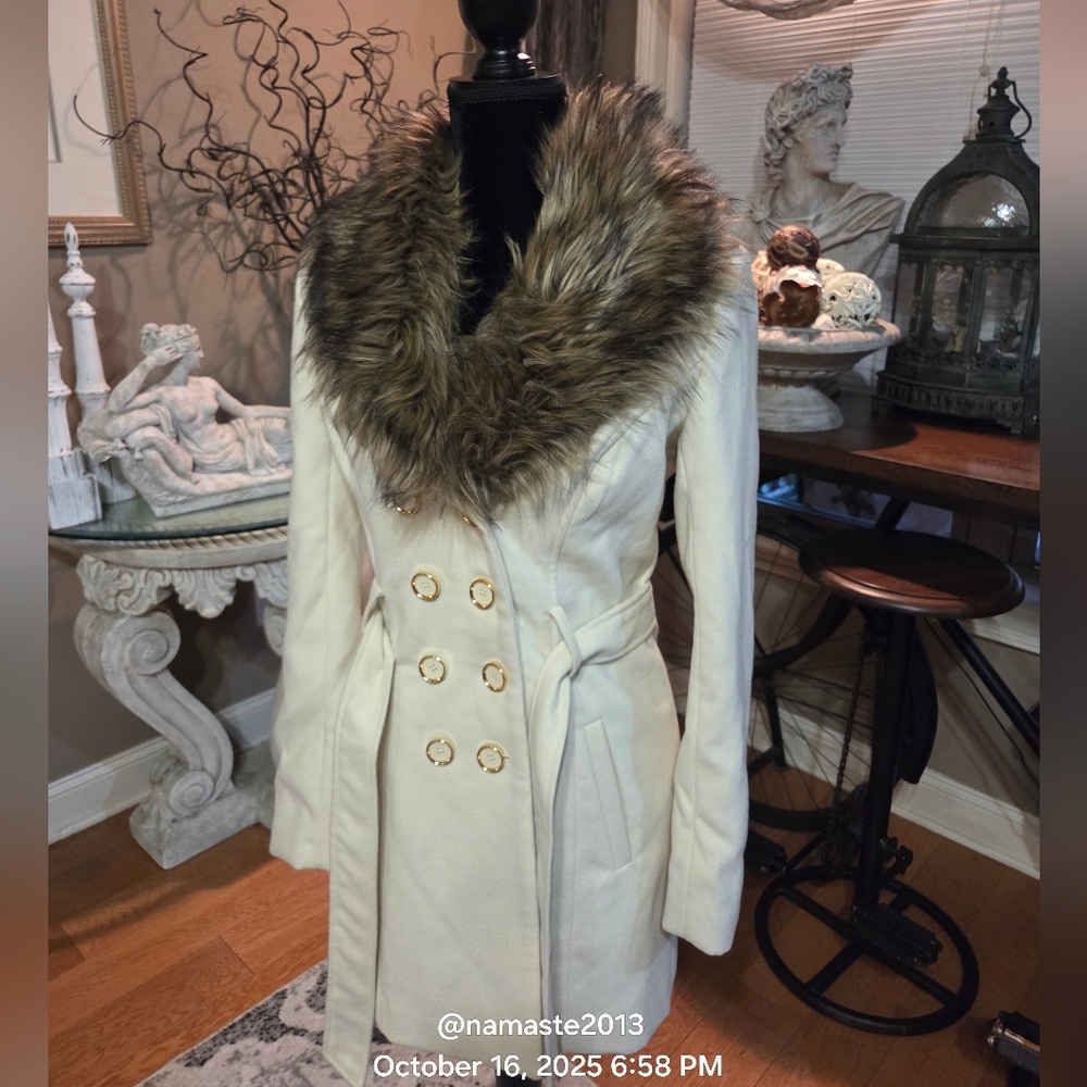 Guess Pea Coat Faux Fur Collar Warm Winter Jacket Soft Designer #110